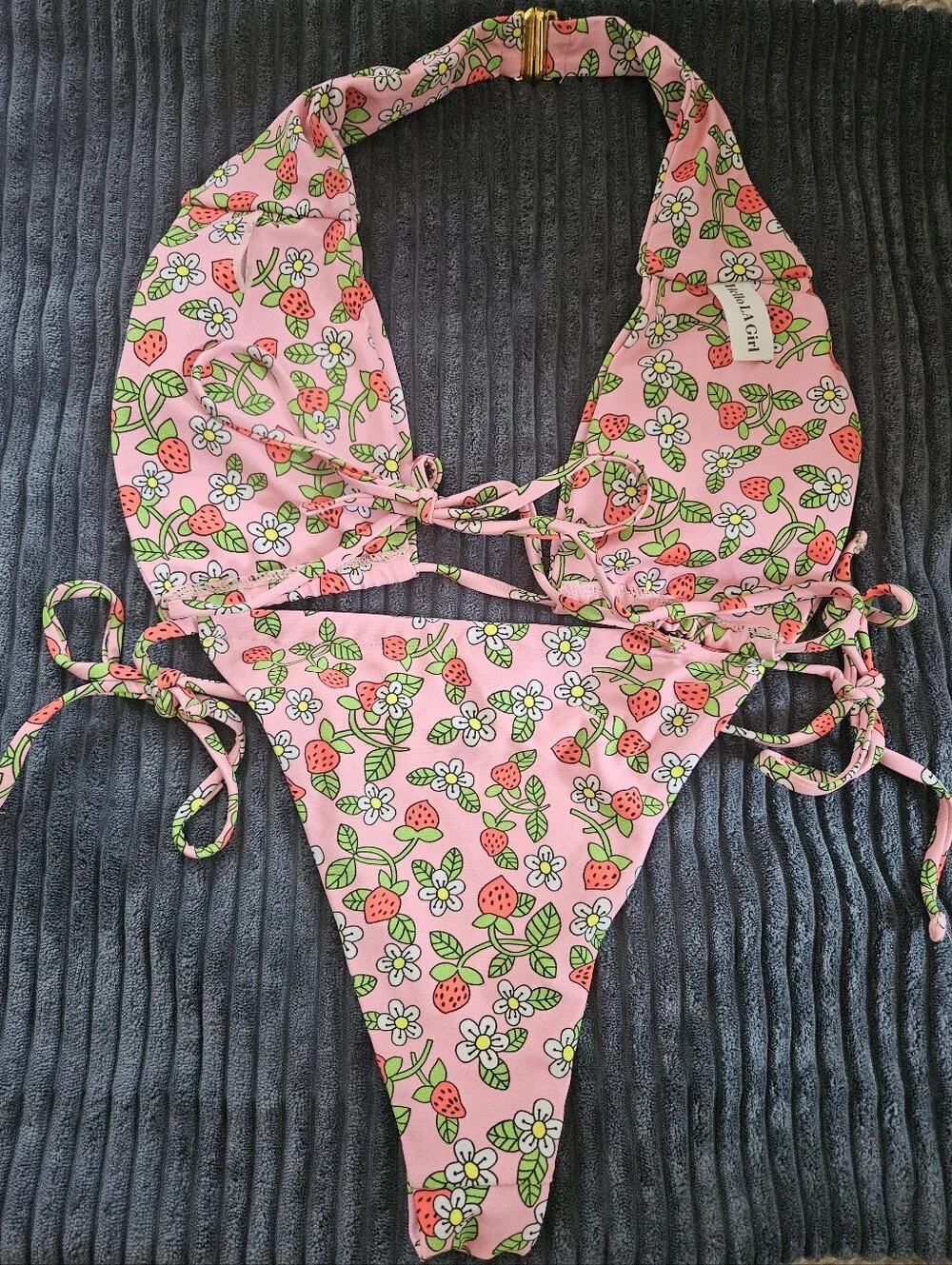 Hello LA Girl Pink Strawberry Floral Bikini Set Small
